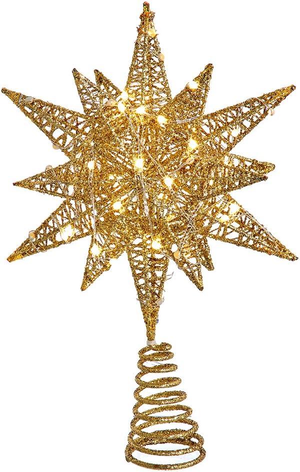 Kurt Adler 11-Inch Pre-Lit Twinkling LED 60-Light Gold Starburst Tree Topper