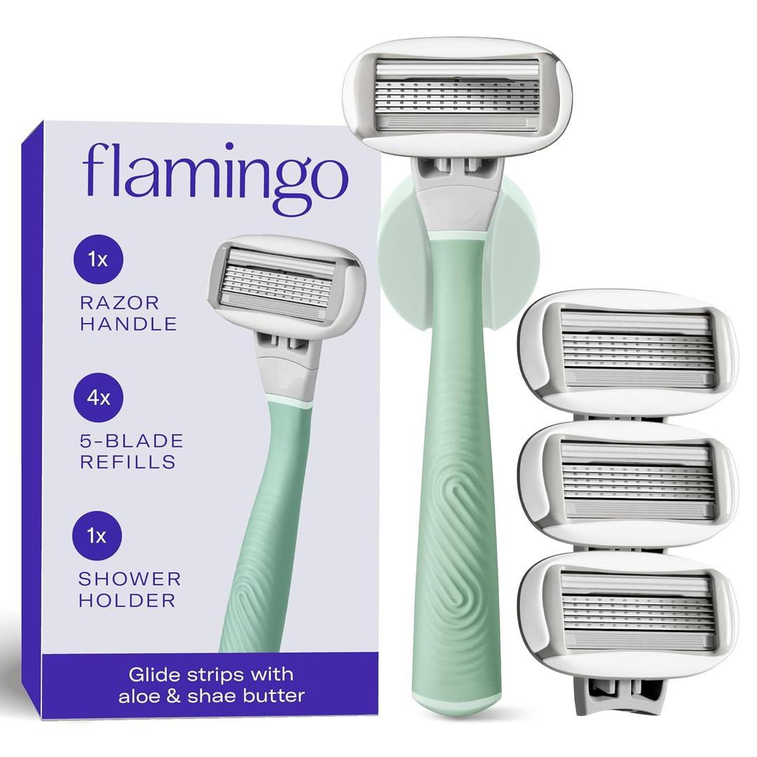 Flamingo Shaving Razor Set for Women - Original Razor Handle, 4 Blade Refills, and Shower Holder - Sage Flamingo Shaving Razor Set for Women - Original Razor Handle, 4 Blade Refills, and Shower Holder - Sage