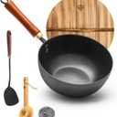 WANGYUANJI 8.7" Small Wrought Iron Wok with Wooden Lid, 2.1L Mini Stir-Fry Pan, Flat Bottom, Induction Compatible, Seasoning Required, Detachable Handle (Black)