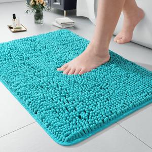 LOCHAS Luxury Bathroom Rug Shaggy Bath Mat 24 x 17 Inch, Washable Non Slip Bath Rugs for Bathroom Shower, Soft Plush Chenille Absorbent Carpets Mats, Teal Blue