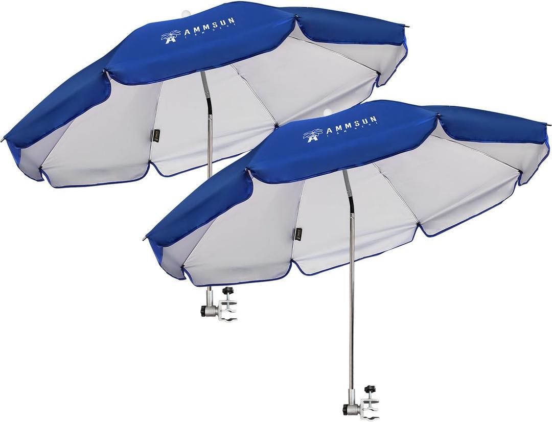 AMMSUN Chair Umbrella with Universal Clamp Adjustable 47 inches and 360 Swivel & UPF 50+ Protection Portable Sun Umbrella, Secure Clip on Camping/Beach Chairs, Stroller, Wheelchair, Golf cart, Lounger, Blue, 2 PACK