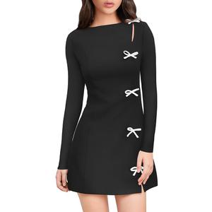 XXTAXN Women's Fall Long Sleeves Boat Neck Elegant Bow Y2k A Line Mini Dress (Black, S)