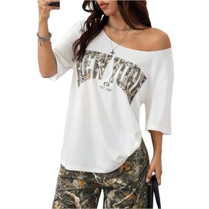 SOLY HUX Women's Letter Graphic Asymmetrical Neck T Shirt Half Sleeve Oversized Y2k Tops White Letter Medium