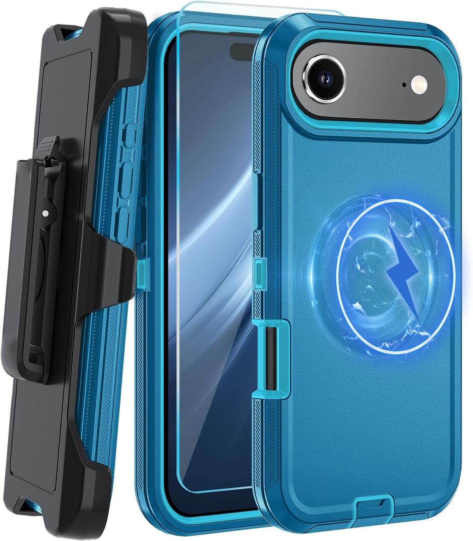 Magnetic for iPhone Air Case, with Belt Clip,[Compatible with Magsafe] W/Tempered Glass Screen Protector,Anti-Drop,Shockproof,Heavy Duty Protection (Lake Blue)