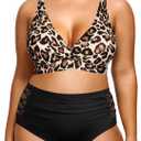 Yonique Womens Plus Size Bikini High Waisted Swimsuits Two Piece Bathing Suits Tummy Control Swimwear (Leopard and Black)