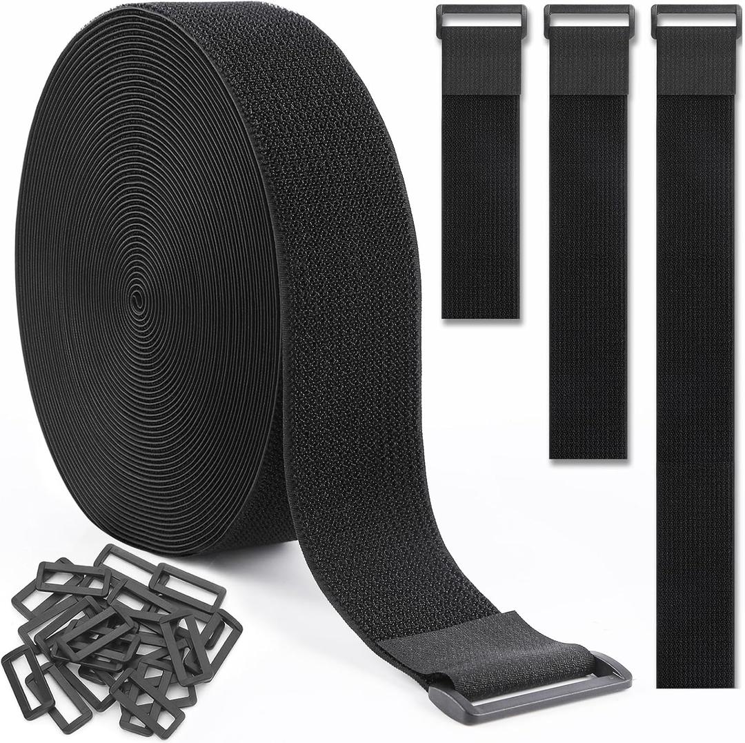1.5In x 20Ft Cinch Straps Nylon Heavy Duty with 25 Buckles, Cut to Length, Black Hook and Loop Straps, Reusable Long Cable Ties for Storage and Cord Organizer