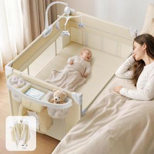 4 in 1 Baby Bassinet, Portable Bedside Crib Sleeper, Quickly Assembled Crib with Diaper Changer, Foldable Baby Playard with Mattress and Wheels for Newborn to Toddler, Beige