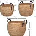 GIB Round Wicker Woven Seagrass Storage Baskets with Leather Handles Set of 3, Natural Decorative Braided Rope Wicker Baskets Bins for Shelves Blankets Organizing, 13", 12" & 11"