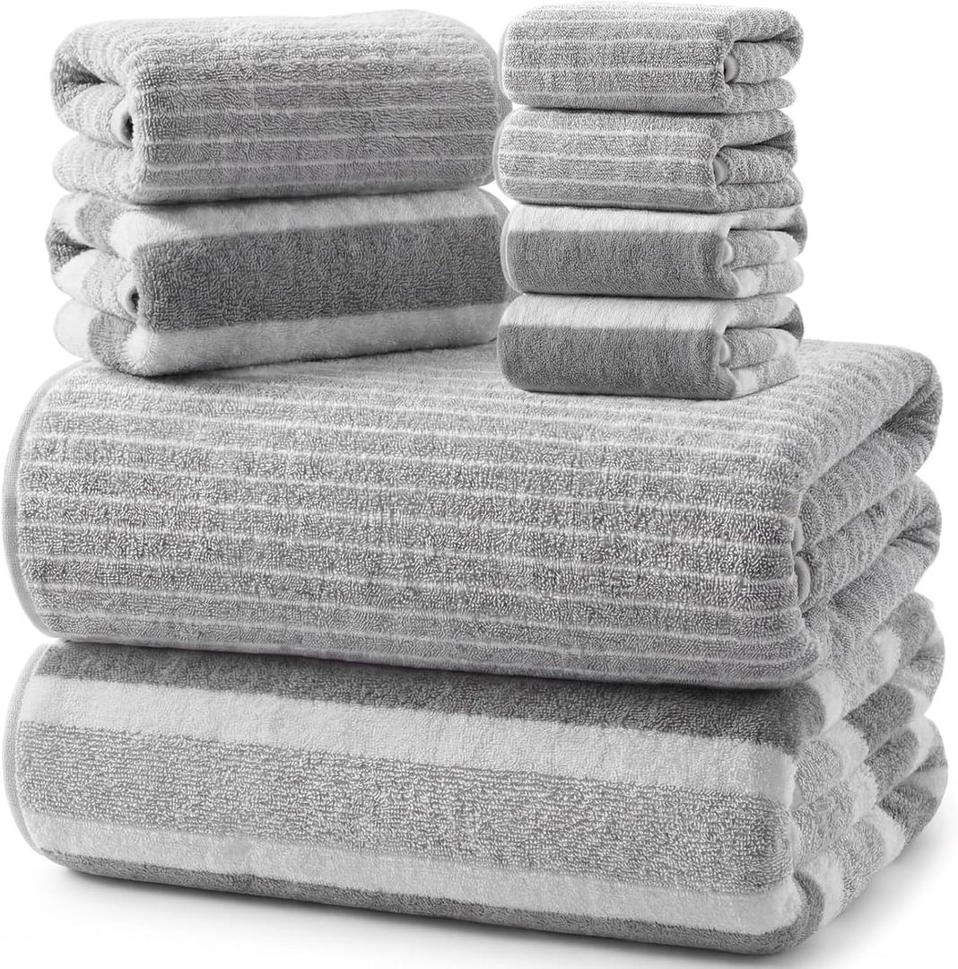 8 Pcs Extra Large Gray Bathroom Towel Set Include 2 Stripe Oversized Bath Sheet 2 Absorbent Soft Quick Dry Hand Towels 4 Grey Coral Fleece Microfiber Luxury Washcloths for Adult Gym Body