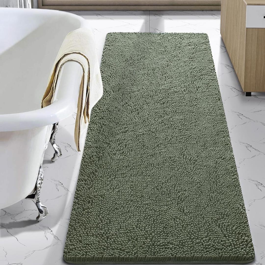 LOCHAS Luxury Bathroom Rug Shaggy Bath Mat 24 x 60 Inch, Washable Non Slip Bath Rugs for Bathroom Shower, Soft Plush Chenille Absorbent Carpets Mats, Sage Green