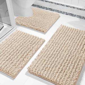 Yimobra Bathroom Rug Set 3 Piece - Super Absorbent Quick Dry Chenille Bath Mats & Toilet Rug, Non Slip Machine Washable, Extra Thick Shaggy Floor Mat for Shower Tub Sink, Light Brown (24"x17" + 24"x20" + 30"x20")