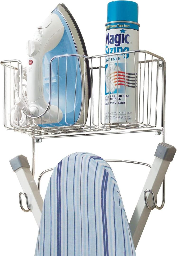 mDesign Metal Steel Ironing Board Holder Wall Mount with Large Storage Basket for Laundry Rooms - Holds Iron, Ironing Board, Spray Bottles, Starch, or Stain Sticks - Easy Installation - Chrome