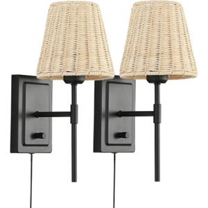 WINGBO Wall Sconce Rattan Wrapped Wall Lamp Set of 2, Wall Light Fixture Vintage Bedside Light Wicker Handmade Shade Reading Light Plug in or Hardwire Black