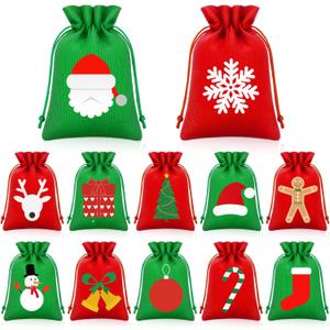 60 Pcs Christmas Burlap Gift Bags with Drawstring, 4x6 Inch Red and Green Small Reusable Goody Bags for Christmas Party Decorations Favors