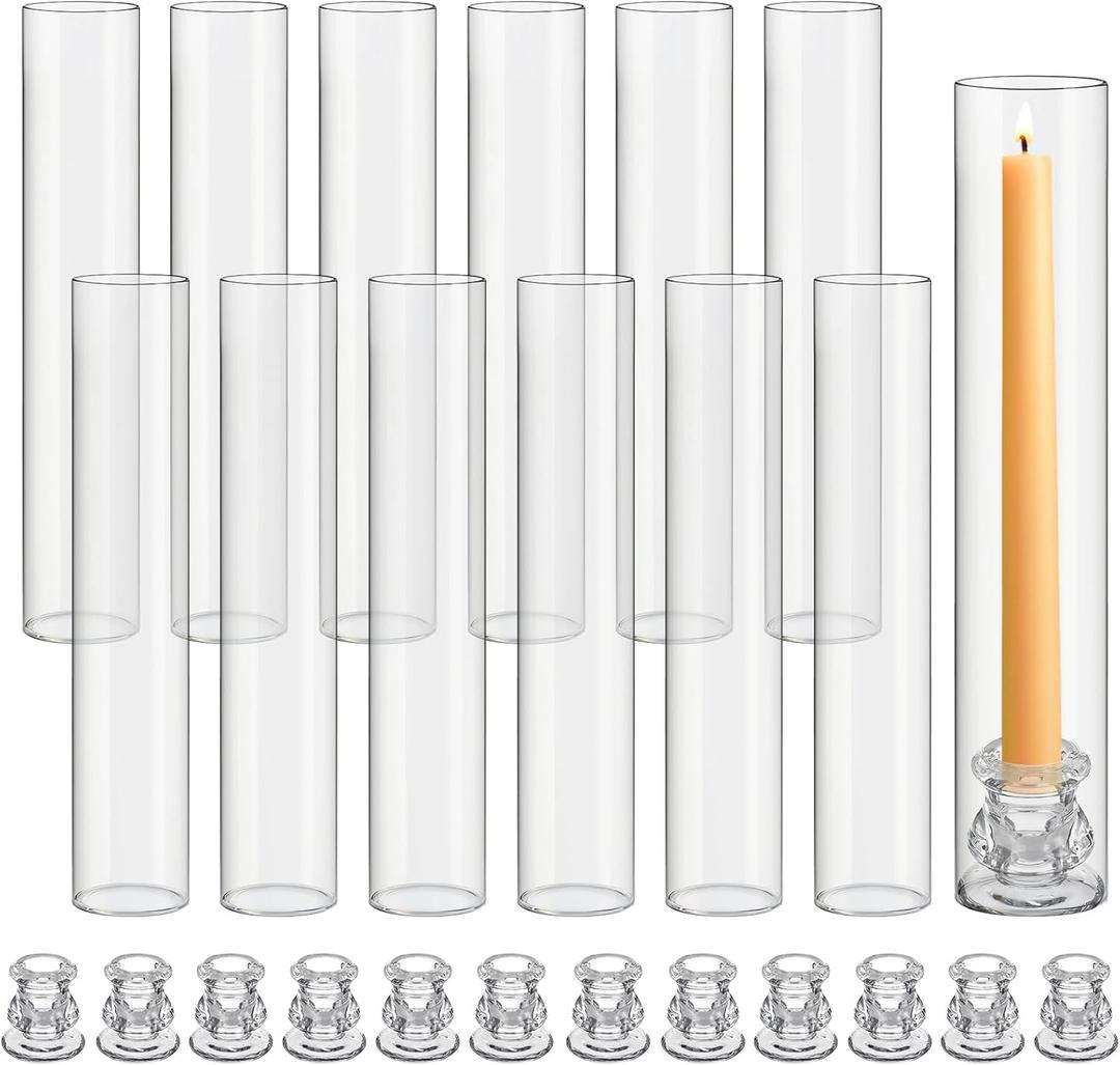 12 Set Glass Hurricane Candle Holders 12.6" Open Ended Glass Candleholder Tube Shape Bottomless and 2.2" Taper Clear Candlestick Holders for Wedding Party Table Centerpiece (Classic)