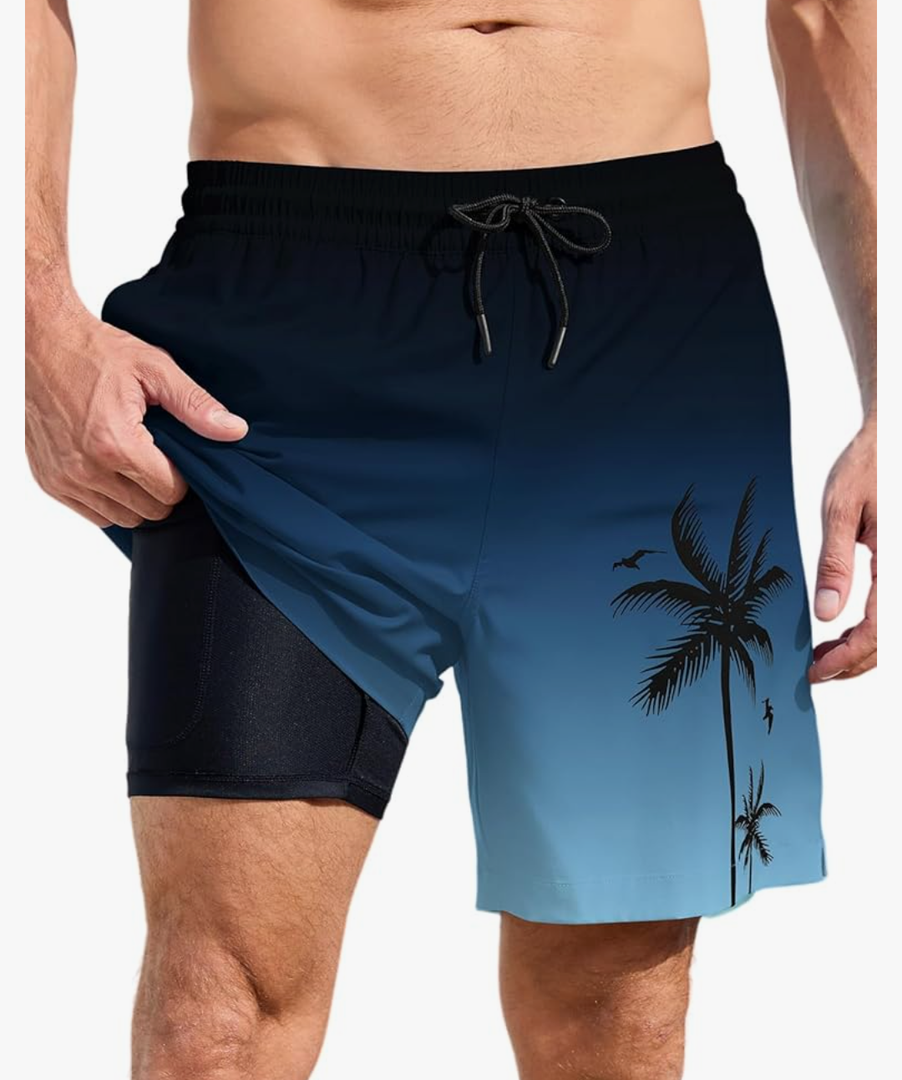 No Brand Men Swim Trunks with Compresssion Liner 7 Inch Inseam Board Shorts Bathing Suit with Zipper Pockets L