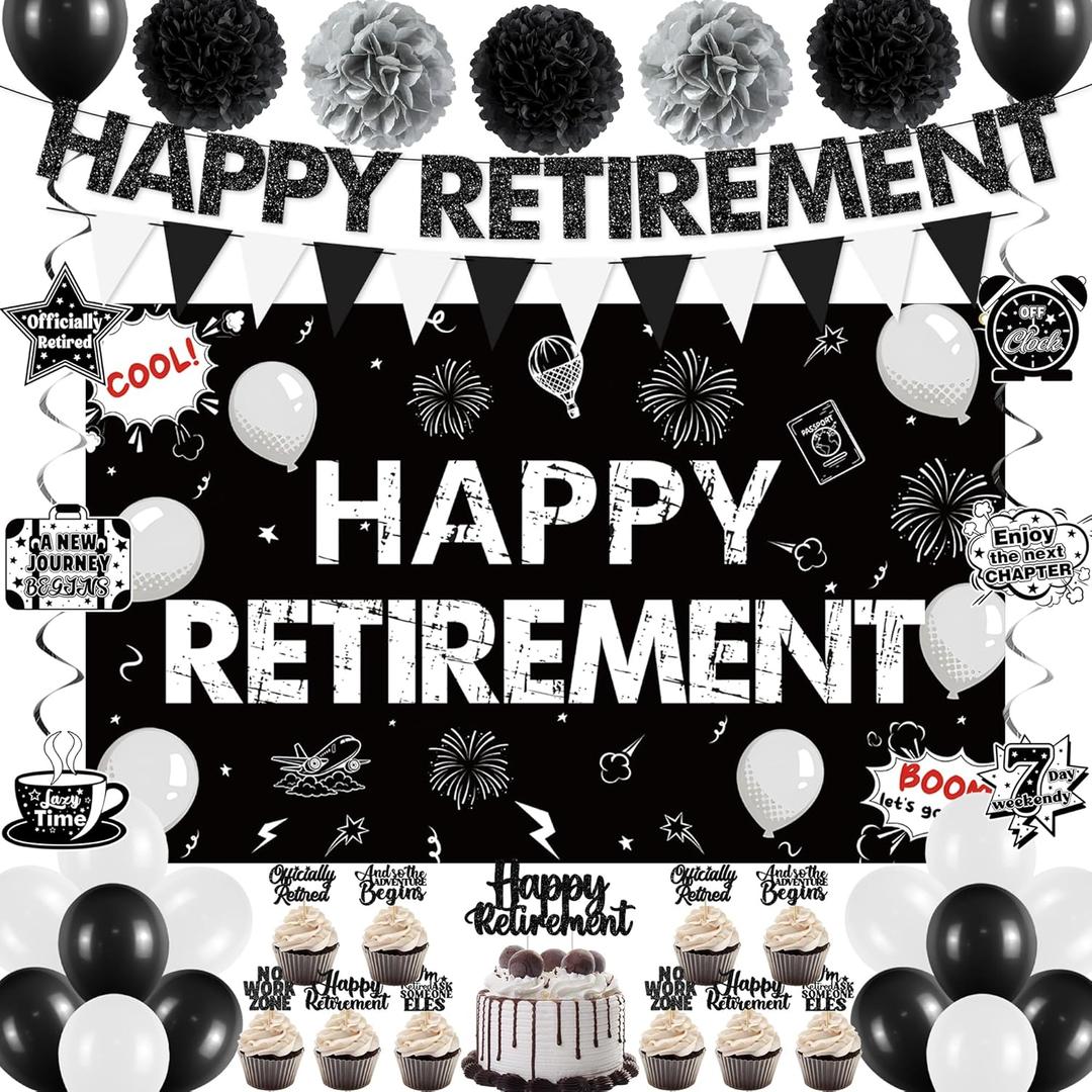 Holkcog Retirement Party Decorations, Black White Happy Retirement Banner Backdrop Paper Fan Hanging Swirls for Coworker, I'm Retired Cupcake Topper for Retiring Women Men Party Supply