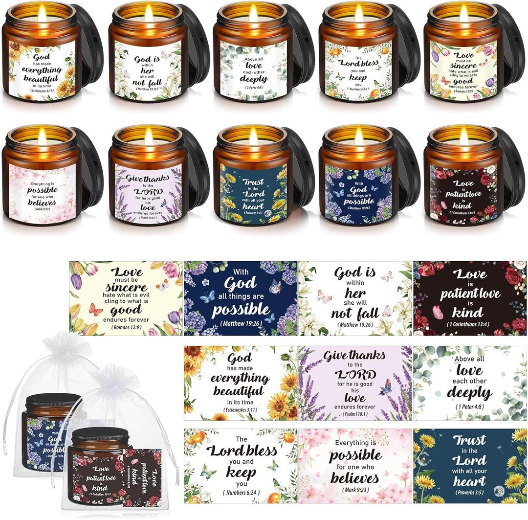Landhoow 30 Pcs Christian Gifts for Women, 10 Pcs Scented Religious Bible Candles 10 Floral Verses Cards and 10 White Organza Bag for Women Christmas Birthday Wedding Party Gift Supplies Favor