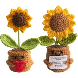 Emotional Support Crochet Sunflower, 2 Pcs Crocheted Plush Plant Flowers, Handmade Knitted Flowers Doll, Positive Sunflowers Plant Decor with Positive Card, Encouraging Cheer Up Flower Gifts for Women (Loving Heart)