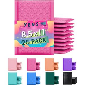Yens Poly Bubble Mailers 8.5x12 25 Pack Hot Pink Waterproof Self Seal Adhesive Shipping Bags, Cushioning Padded Envelopes for Shipping, Mailing, Packaging Usable 8.5x11
