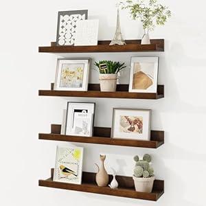 Picture Ledge Shelf for Wall, Small Floating Shelves Set of 4, 16 Inches Solid Wood Book Shelves for Toys Storage, Kids Bookshelf Wall Mounted for Living Room Bedroom Decor Books Photo Frames, Walnut