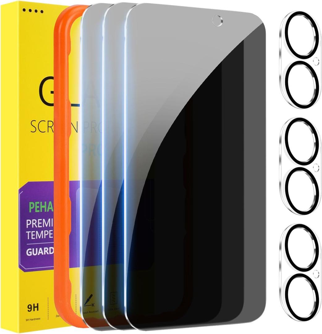 PEHAEL 3+3 Pack for iPhone 17 Privacy Screen Protector with Camera Lens Protector Full Coverage Anti-Spy Tempered Glass Film 9H Hardness Easy Installation Bubble Free [6.3 inch]