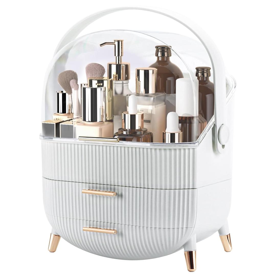 Makeup Organizer for Vanity, Make up Organizers and Storage, Cosmetics Skincare Organizers with Lid and Drawers, Cosmetic Display Cases for Countertop, Bathroom, Dresser, Ideal Gifts for Women(White) (Large)