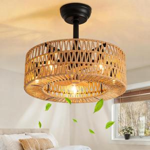 Boho Caged Ceiling Fan with Light, 18 inch Rattan Ceiling Fan with Light, Boho Fandelier, Farmhouse Fandelier Low Profile Cei ling Fan for Bedroom Kitchen Living Room Kids Room