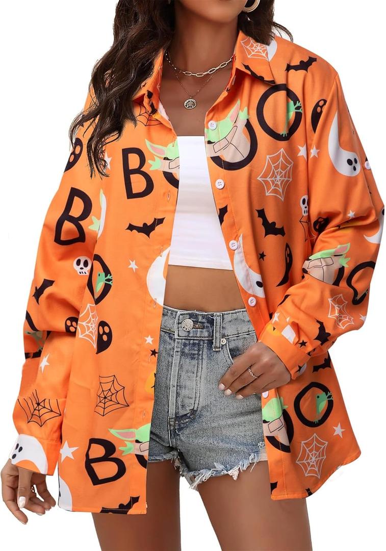 Halloween Shirt Women Hocus Pocus Shirt Halloween Witch Tee Pumpkin Graphic Shirt Long Sleeve Button Down Blouse (X-Large, Yellow)