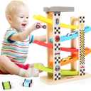 Montessori Toy for 1-3 Years Old Boys and Girls, Kid Race Track Car for Toddlers with 5 Mini Cars & 5 Ramps, Wooden Montessori Car Ramp Toy Set for Babies' Birthday Gifts, Visit Gifts