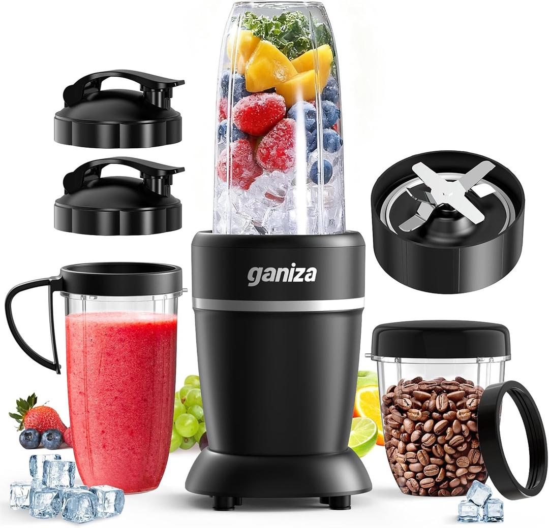 Ganiza Smoothie Blender, Max 1300 Watt Personal Blender and Grinder Combo for Kitchen, Portable Maker for Smoothies, Shakes, Frozen Drinks, Sauces with 6-Leaf Blade, 23 oz, (2) 37 oz To-Go Cups (Black)