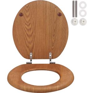 Wooden Toilet Seat Round with Metal Hinges, Wood Toilet Seat for American Standard Size Toilet Seats, Easy to Install