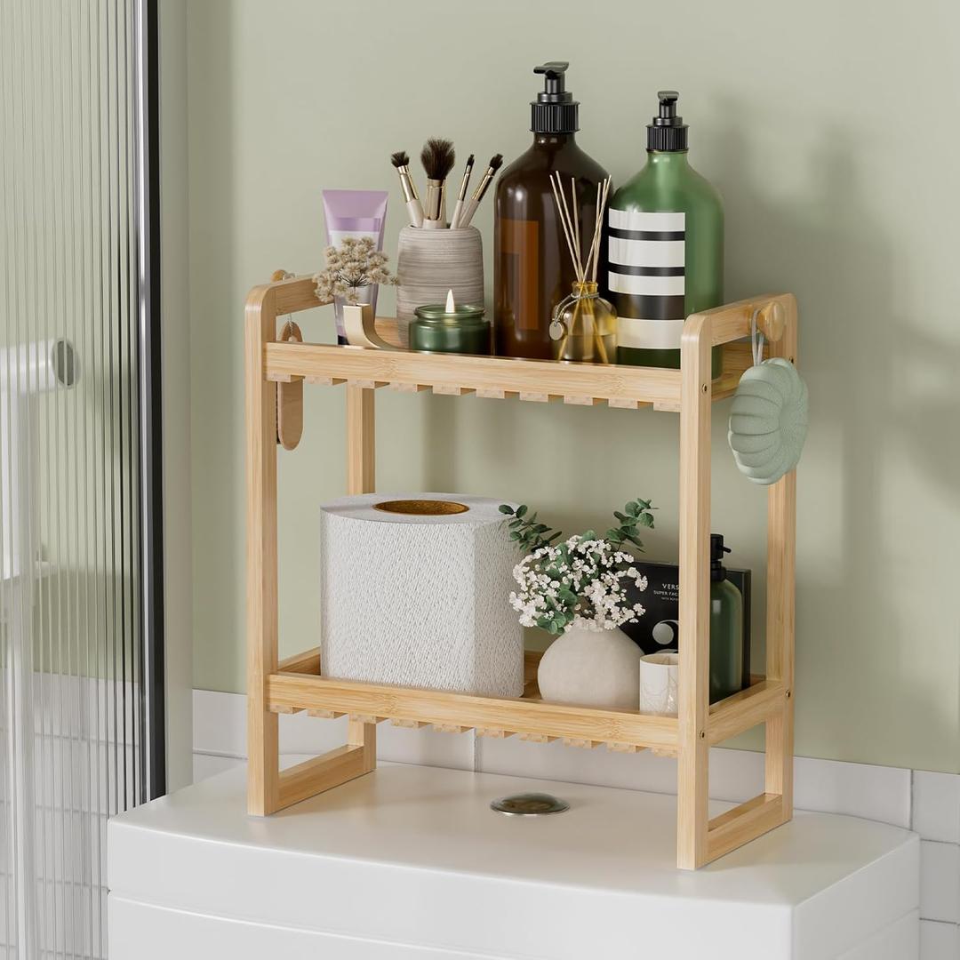 AmazerBath Bamboo Over The Toilet Storage Shelf - 2-Tier Bathroom Organizers and Storage Shelves, 2 in 1 Dual Stable Above Over Toilet Bamboo Shelf Home Storages Rack for Small Bathroom, Space Saver (Natural Color)