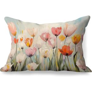 Spring Tulip Floral Pillow Covers 12x20, Farmhouse Spring Easter Tulip Fields Landscape Decorative Lumbar Pillow Covers for Cottagecore Home Room Nursery Girls Room