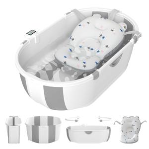 Collapsible Baby Bathtub for Infants to Toddlers with Soft Bath Cushion Foldable Baby Bath Tub with Thermometer and Drain Outlet, Baby Tub for Toddlers 0-6 Years Boys and Girls (Grey)