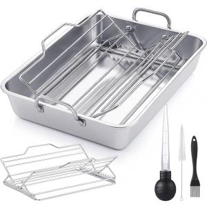 Baderke 5 Pcs Roasting Pan with Rack Set, 10 x 12 Inch Stainless Steel Roasting Pan Set Adjustable V Shaped Turkey Baking Rack for Grilling Dishwasher and Oven Safe