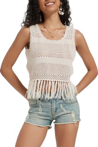 Ross&Freckle Women's Summer Swimsuit Bikini 2025 Beach Swimwear Crochet Cover up Hollow Out Crop Sleeveless Swim Outfit, Beige, Size XXL
