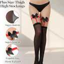 Black Thigh High Stocks, Stockings for Women with Bow, Sexy Semi Sheer Thigh High Stockings for Thick Thighs Women Lingerie (Black/Red Bow)