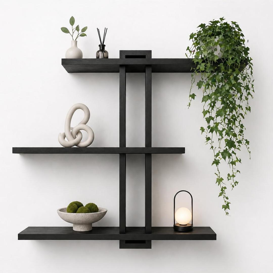 Black Floating Shelves for Bathroom, 3 Tier Pine Wood Wall Mounted Shelf, 20 Inch Large Wall Mounted Shelf for Towels, Toiletries, Plants, Photos, Home Decor
