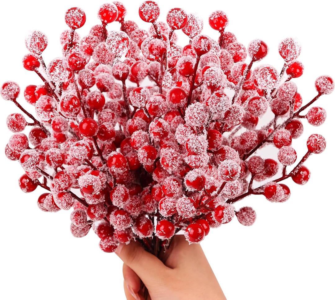 FOIMAS Snow Frosted Artificial Red Berry Stems,24 Pack Christmas Berry Spray Picks Holly Berries Branches for Christmas Tree DIY Craft Home Decoration