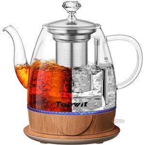 Topwit Electric Kettle Glass, For Hot Water, Tea and Coffee Dual Purpose Design, BPA-Free, 1L Pour Over Removable Stainless Steel Infuser, Auto-shut Off & Boil-dry Protect (Wood)