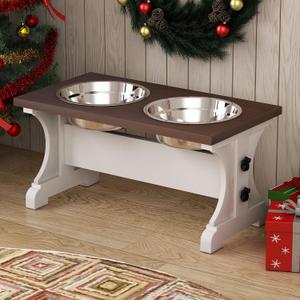 Piskyet Elevated Dog Bowls,Farmhouse Dog Bowls Stand, Raised Dog Bowl with 2 Stainless Steel Wooden Dog Bowl,3.5Cups8.5''H_30 oz Bowl-Farmhouse Style