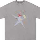 Evepaster Oversize Star Print Tees Vintage Washed Graphic T Shirts Short Sleeve Y2K 90S Summer Unisex Streetwear Tops Grey, Medium