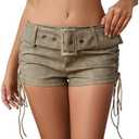 MakeMeChic Women's PU Leather Lace Up Ruched Tie Side Micro Shorts Low Waist Belted Festival Rave Mini Short XS