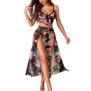 Avidlove Women Lingerie Babydoll Chemise 3 Piece Set Mesh Side Split Nightgown L