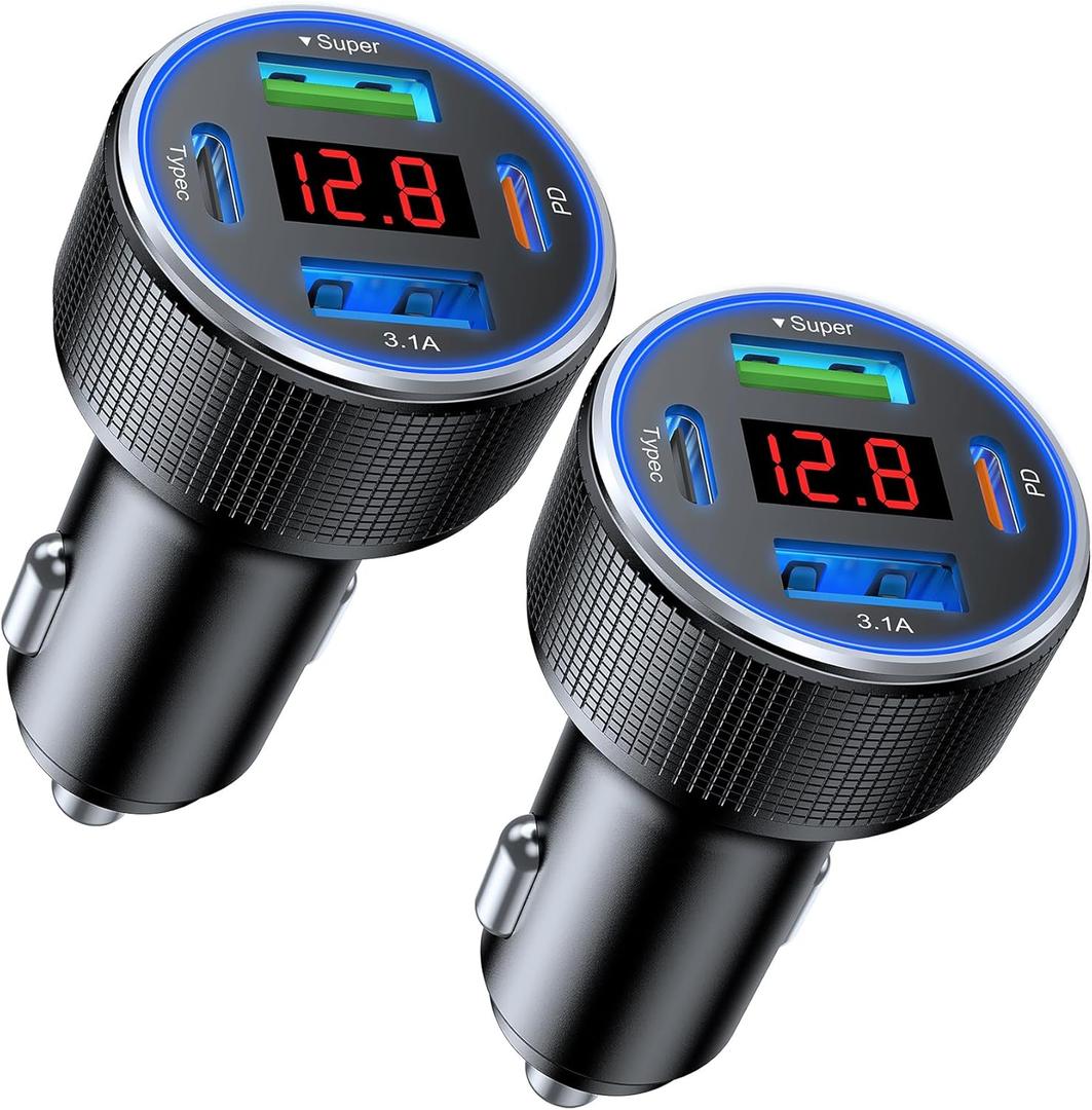 USB Car Charger, 2 Pack Cigarette Lighter USB Charger Aluminum Alloy Fast Charging Car Charger Adapter with Voltage Display Type C Car Accessories for iPhone 17 16 Samsung Galaxy Google iPad Android