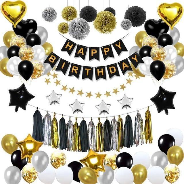 Black and Gold Birthday Party Decorations Kit for Men Boy, Cheers Beer Confetti Black Gold Balloon Happy Birthday Banner Fringe Curtains Swirl Circle Dots Tassels Pom Graduation (Black & Gold)