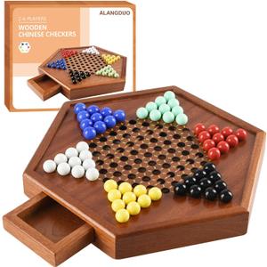 Wooden Chinese Checkers with Drawers 12 Bonus Spare Marbles| Natural Wooden Board Game| Includes 60 Colorful Acrylic Marbles | Family Board Game for Kids and Adults (12.7 Inches)