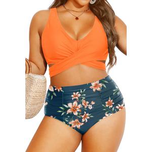 Women Plus Size High Waisted Bikini - Two Piece Swimsuit Tummy Control Bathing Suit Wrap Tie Back 2025 Swimwear (Orange Flowers, 16 Plus)