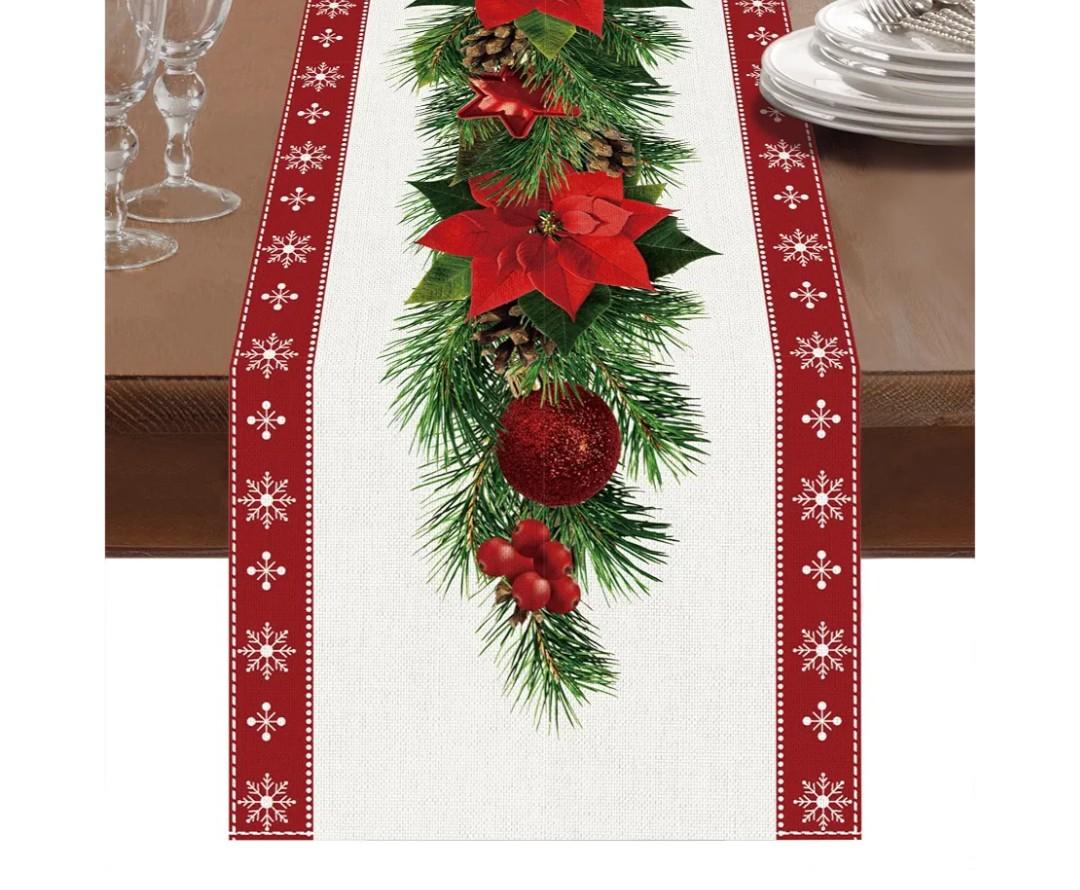 Netnology Watercolor Poinsettia Red Christmas Table Runner with White Snowflake,Seasonal Winter Xmas Party Decoration Holiday Indoor Home Kitchen Decor 13 x 72 Inch